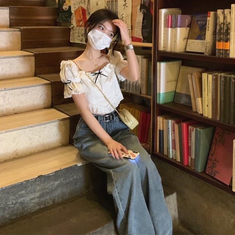 Jiashucheng Áo Kiểu Tay Ngắn Phồng Cổ Vuông Đính Nơ Phong Cách Pháp Ngọt Ngào Thời Trang Mùa Hè Cho Nữ