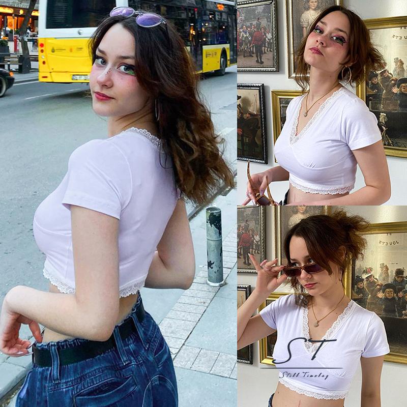 Áo Thun Tay Ngắn Cổ Chữ V Phối Ren Thời Trang Mùa Hè Cho Nữ