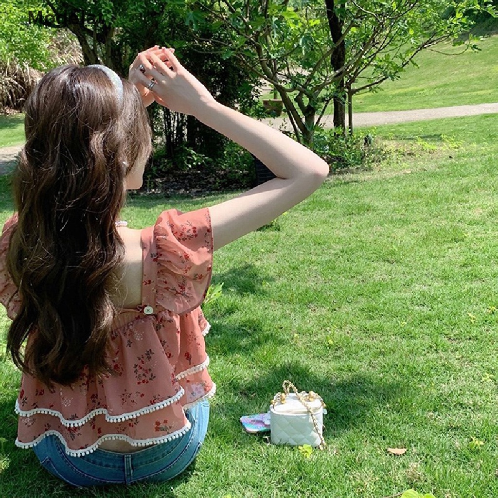 Áo Croptop Cổ Vuông Tay Cánh Bướm In Họa Tiết Hoa Thời Trang Mùa Hè Xinh Xắn Cho Nữ