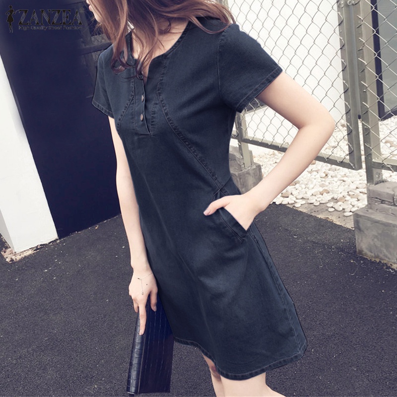 Đầm denim ZANZEA ngắn tay thời trang Hàn Quốc cho nữ