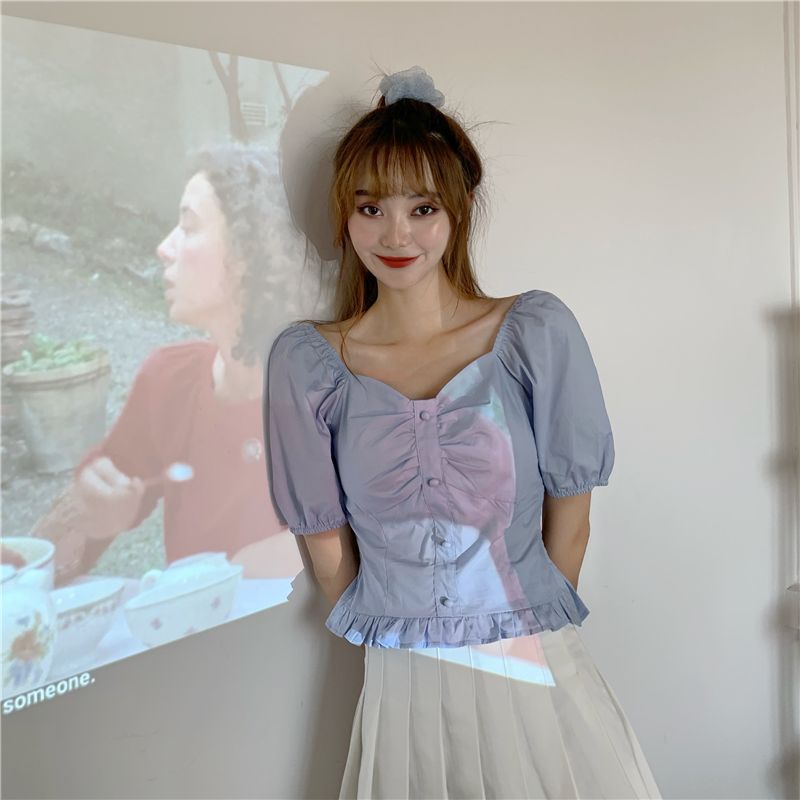 IELGY  Áo Kiểu Tay Phồng Cổ Vuông Phong Cách retro Thời Trang Cho Nữ