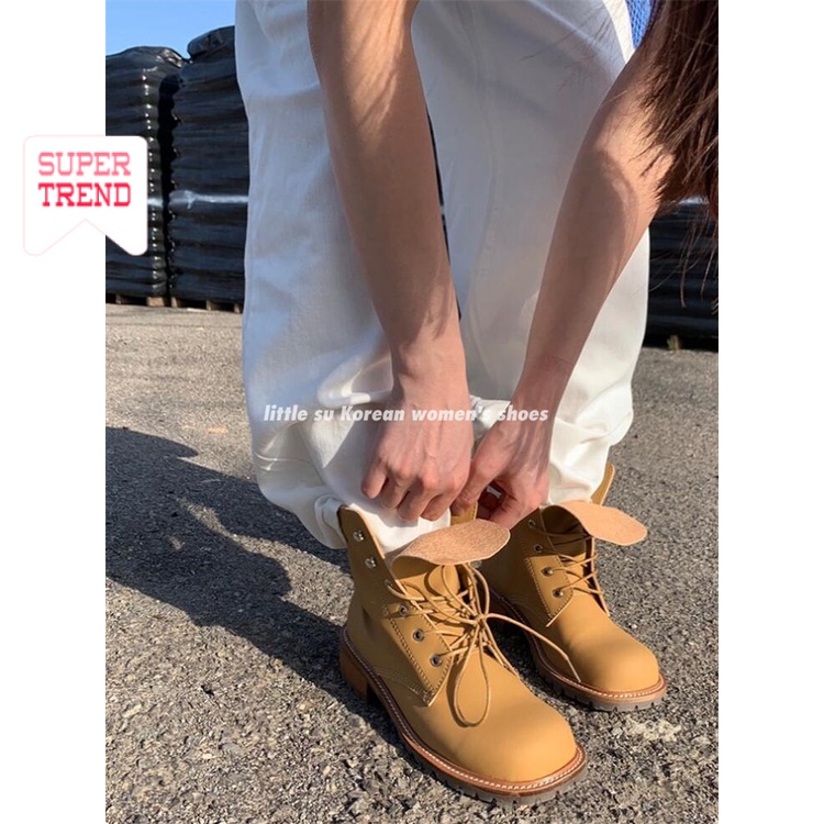 Giày Bốt Martin Da Mềm Gót Dày Mũi Tròn Cột Dây Kiểu Retro Phong Cách Anh Quốc Thời Trang
