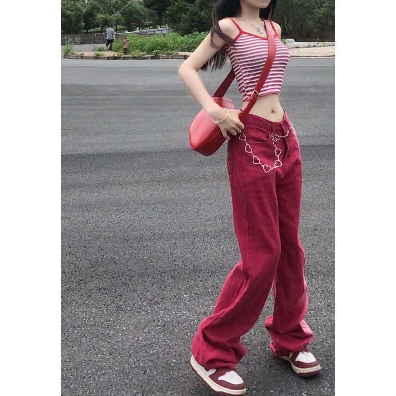 Quần Jean Nữ Lưng Cao Dáng Rộng Màu Đỏ Gradient Phong Cách Đường Phố Mỹ Cá Tính