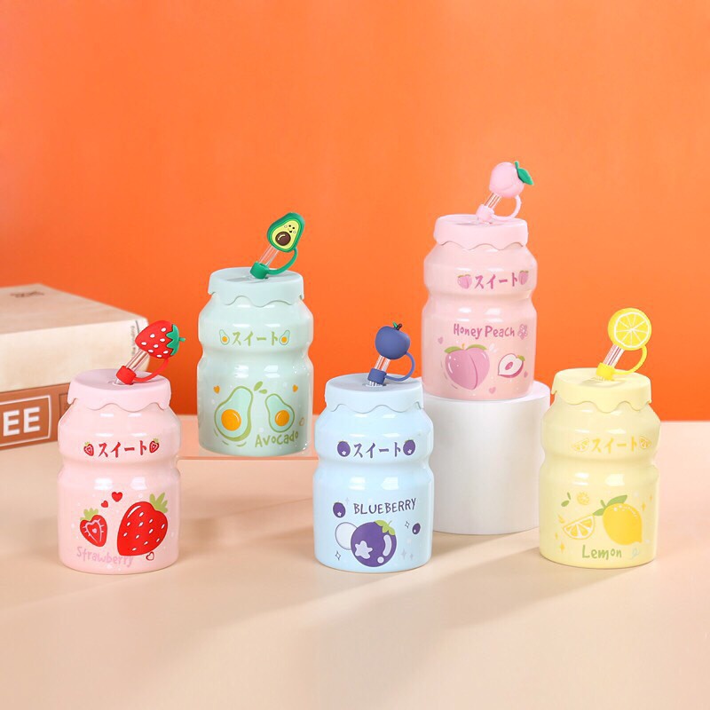 Bình Uống Nước 400ml, Cốc Sứ Kèm Nắp Silicon Và Ống Hút Tặng Nắp Đậy Hình Hoa Quả Dễ Thương(GIAO MAU NGAU NHIEN)