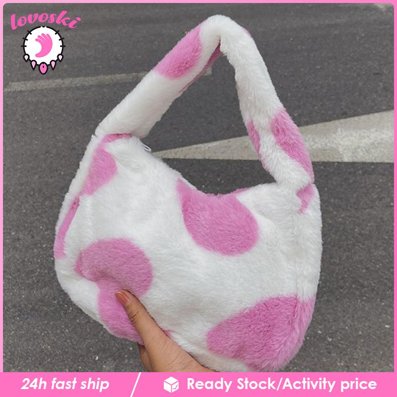 Túi Tote Đeo Vai / Xách Tay Phủ Lông Họa Tiết Trái Tim Có Khóa Kéo Sành Điệu