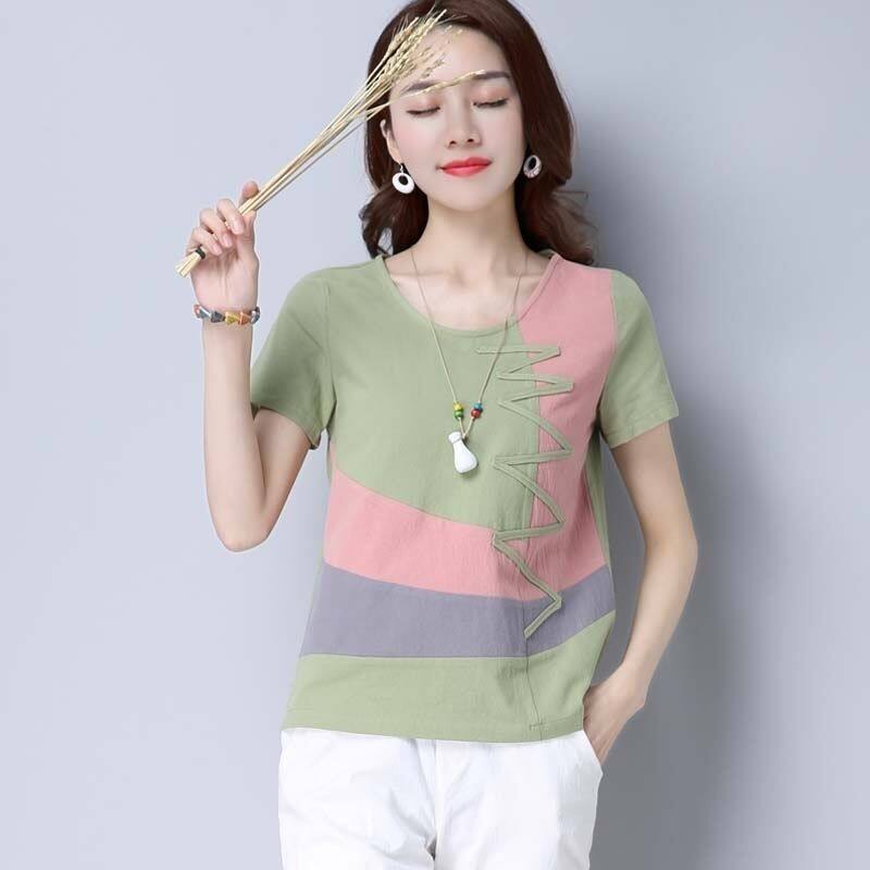 Áo Thun Cotton Lanh Tay Ngắn Dáng Rộng Phong Cách Retro Mùa Hè Dành Cho Nữ