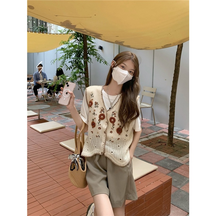 Áo Sweater Dệt Kim Sát Nách Thêu Họa Tiết Dân Tộc 2 Màu Tùy Chọn