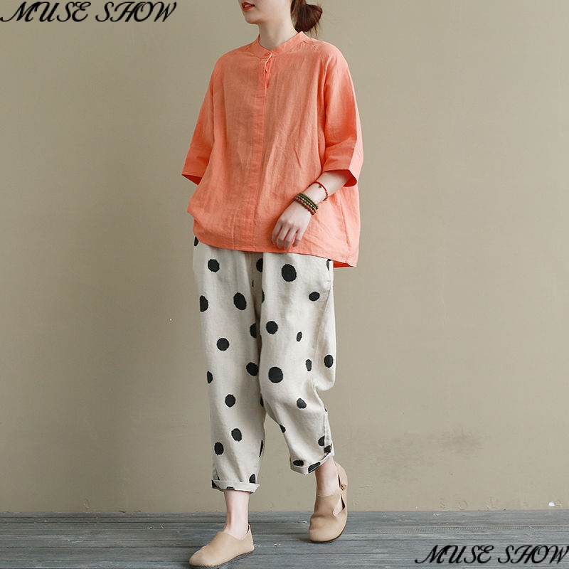 Bộ Áo Liền Quần Vải Lanh Cotton Dáng Rộng Họa Tiết Chấm Bi Thời Trang Mùa Hè 2023 Cho Nữ
