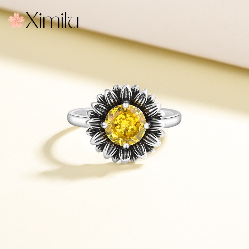 ♥ Nhẫn Hình Hoa Hướng Dương Đính Đá Zircon Vàng / Bạc Phong Cách Thái Lan Sáng Tạo Dành Cho Nữ
