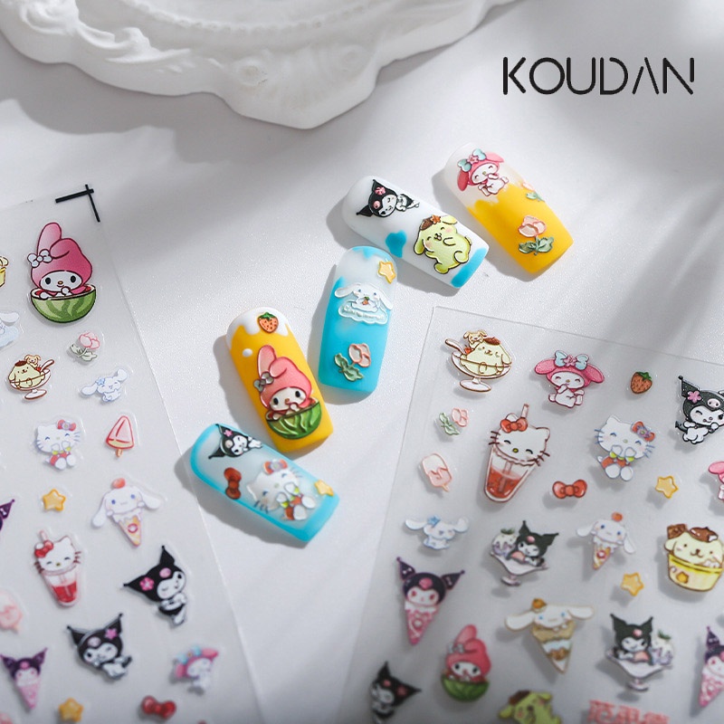 Miếng Dán Trang Trí Móng Tay Nghệ Thuật 5D Hình Mèo Kitty Kuromi Melody Dễ Thương