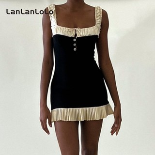 LanLanLo Nữ Màu Sắc Tương Phản Dây Không Tay Thời Trang Slim Ruffle Sweet Dress