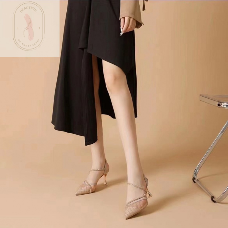 Giày Cao Gót Mũi Nhọn Phối Lưới Thoáng Khí Thời Trang Mùa Hè 2023 Cho Nữ