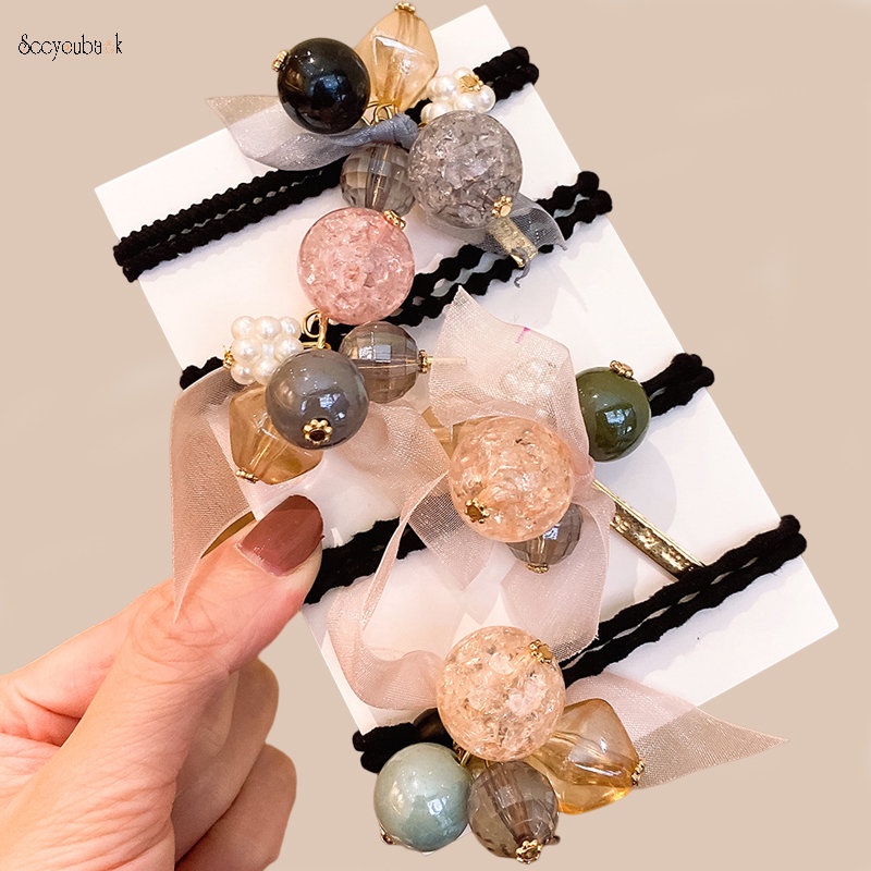 Dây Cột Tóc Ruy Băng Đính Hạt Ngọc Trai Nhân Tạo Co Giãn Thời Trang Hàn Quốc