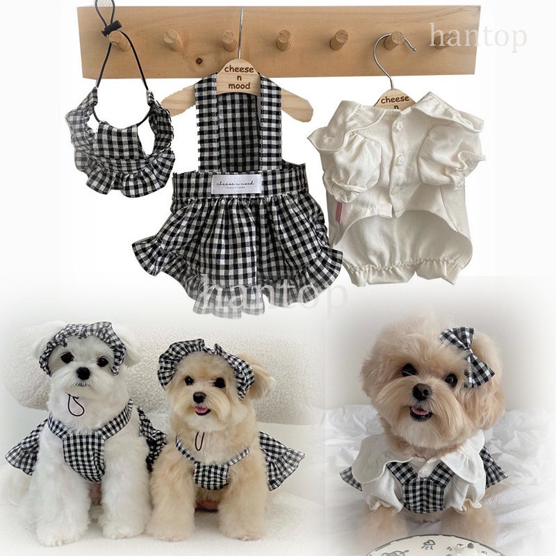 Set Áo Sơ Mi + Chân Váy Sọc Caro + Mũ Thời Trang Mùa Hè Cho Cún Cưng Cỡ Nhỏ / Vừa / Nhỏ / Balck Phong Cách Hàn Quốc