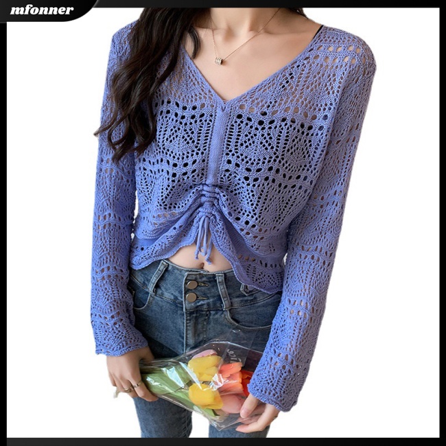 Áo Kiểu Dệt Kim Tay Dài Dáng Rộng Cổ Chữ V Phối Dây Rút Thời Trang Cho Nữ
