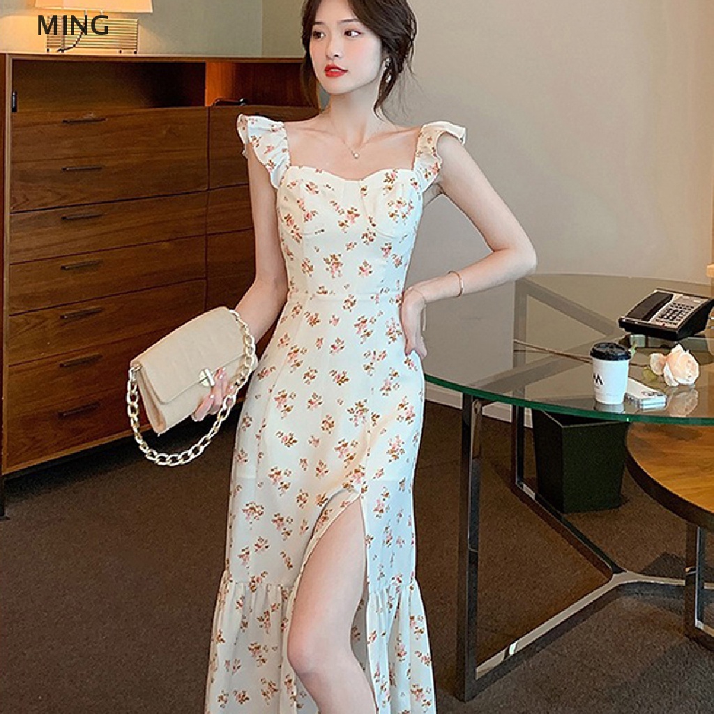 Đầm Midi Không Tay Viền Bèo Lá Sen Họa Tiết Hoa Phong Cách Vintage Nữ Tính Ngọt Ngào