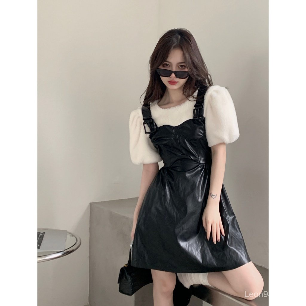 Đầm Da Ngắn Tay Phồng Phối Dây Buộc Eo Màu Đen Mùa Thu Đông Cho Nữ @