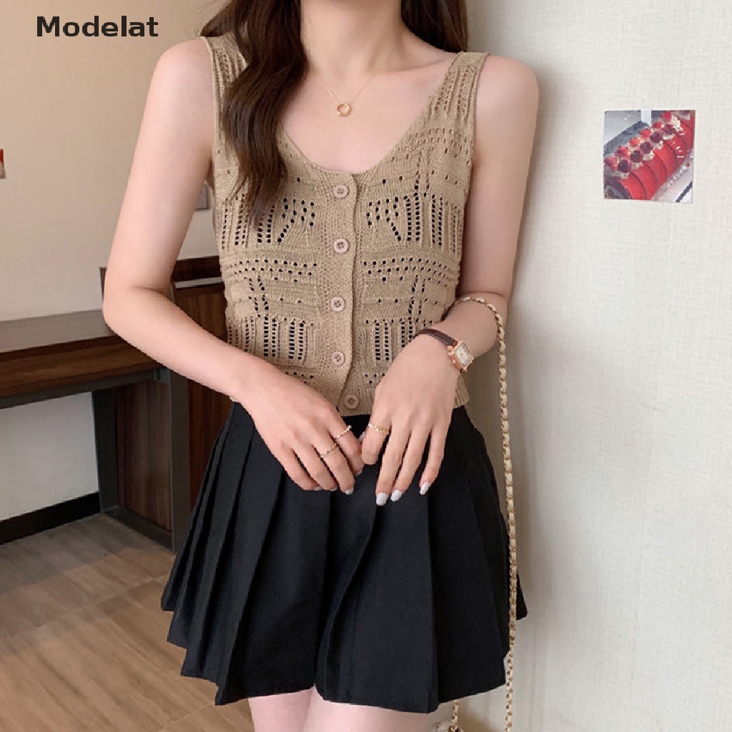 Áo Crop Top Dệt Kim Không Tay Màu Trơn Cài Nút Thời Trang Mùa Hè Cho Nữ