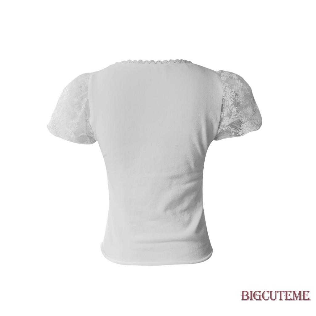 [] Áo Thun Ngắn Tay Ôm Dáng Buộc Dây Phía Trước Cổ Ren Chắp Vá Màu Trắng Dành Cho Nữ