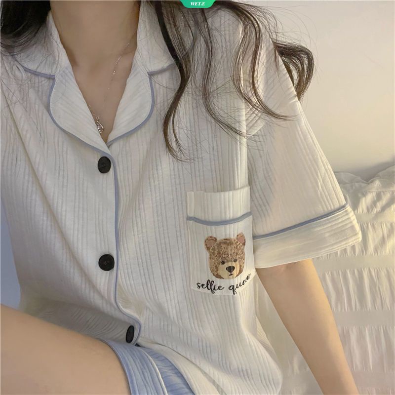 Bộ Đồ Ngủ Tay Ngắn Dáng Rộng In Hình Gấu Dễ Thương Phong Cách Hàn Quốc Thời Trang Mùa Hè 2023