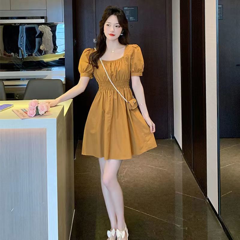 Đầm Dáng Chữ a Cổ Vuông Tay Phồng Ôm Eo Kiểu Pháp Thời Trang Mùa Hè Cho Nữ