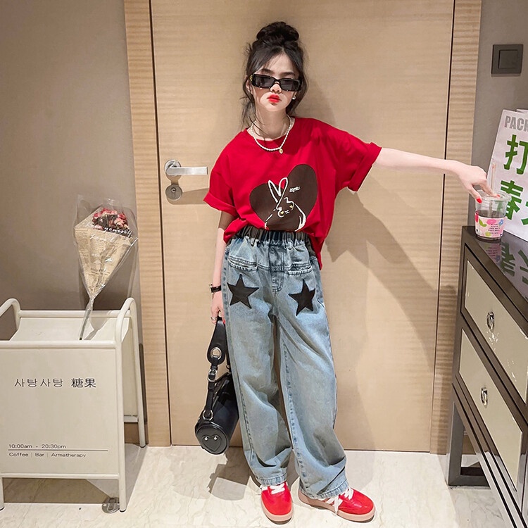 Bộ Áo Thun Tay Ngắn + Quần Jeans Phong Cách Hàn Quốc Thời Trang Mùa Hè Cho Bé Gái