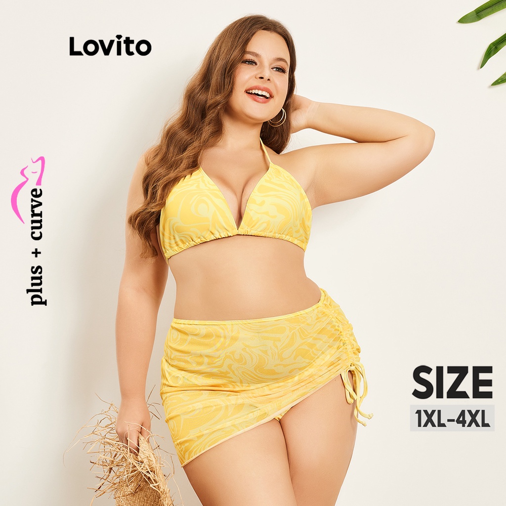 Bộ đồ bơi bikini Lovito phối lưới dây mảnh nhiệt đới thường ngày tôn đường cong size lớn cho nữ LPS07075 (Màu vàng)