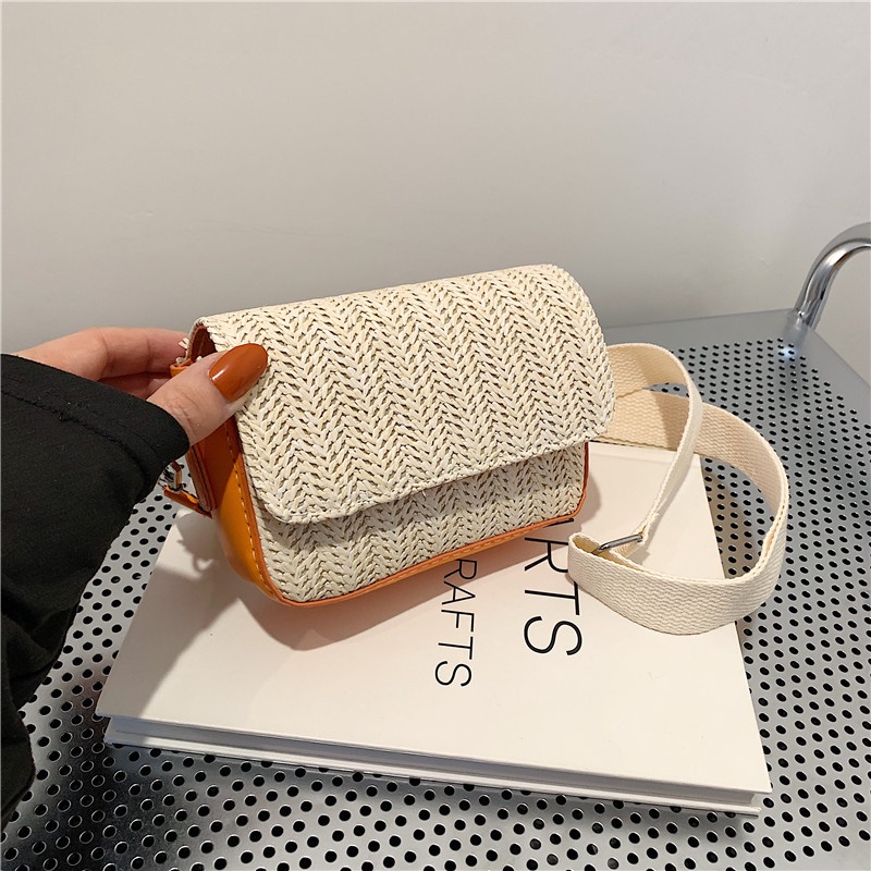 Túi Đeo Chéo Sợi Rơm Dệt Nhỏ Xinh Phối Màu Tương Phản Thời Trang 2023 Cho Bạn Gái
