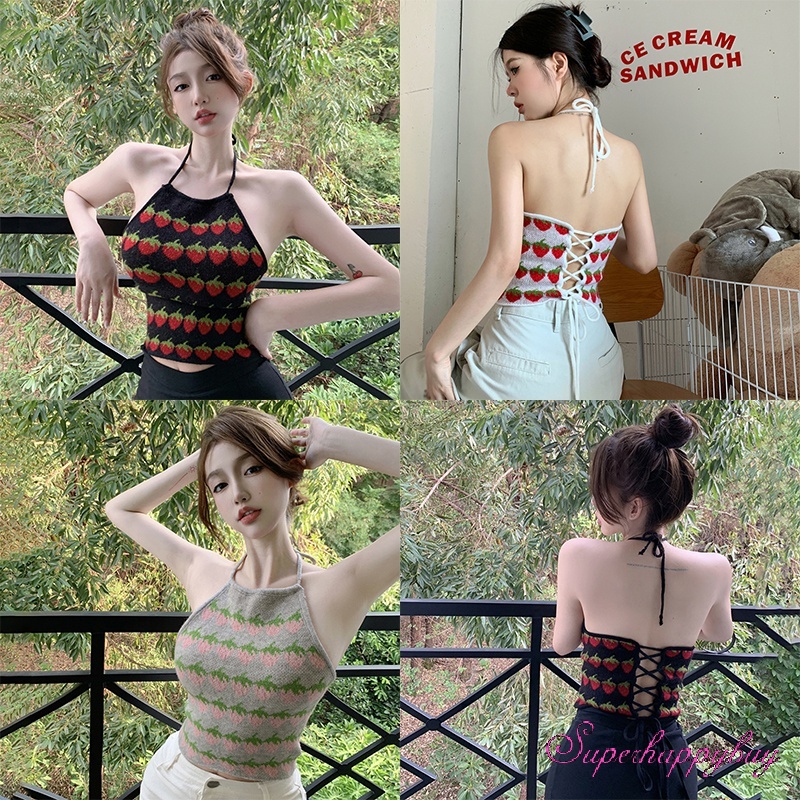 Áo Tank Top Dệt Kim Hai Dây Dáng Ôm In Họa Tiết Dâu Tây Xinh Xắn Thời Trang Cho Nữ