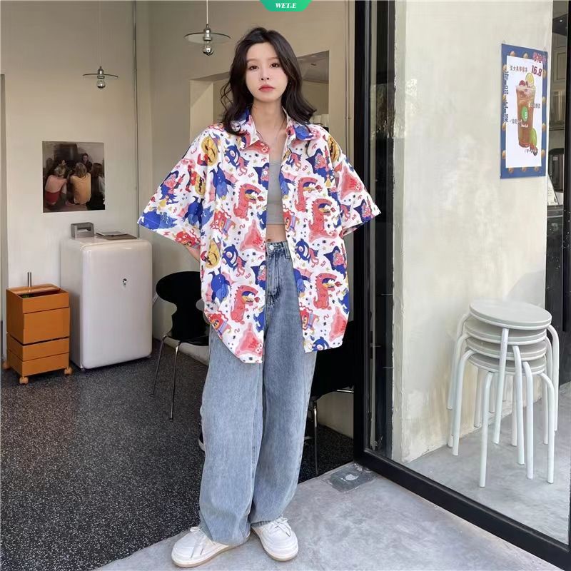 Áo Sơ Mi Tay Ngắn In Hình Khủng Long Phong Cách Hip hop Thời Trang Mùa Hè 2023