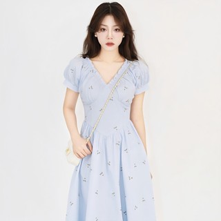 Đầm Dài Cổ Chữ v Ôm Eo In Họa Tiết Thời Trang Mùa Hè Pháp