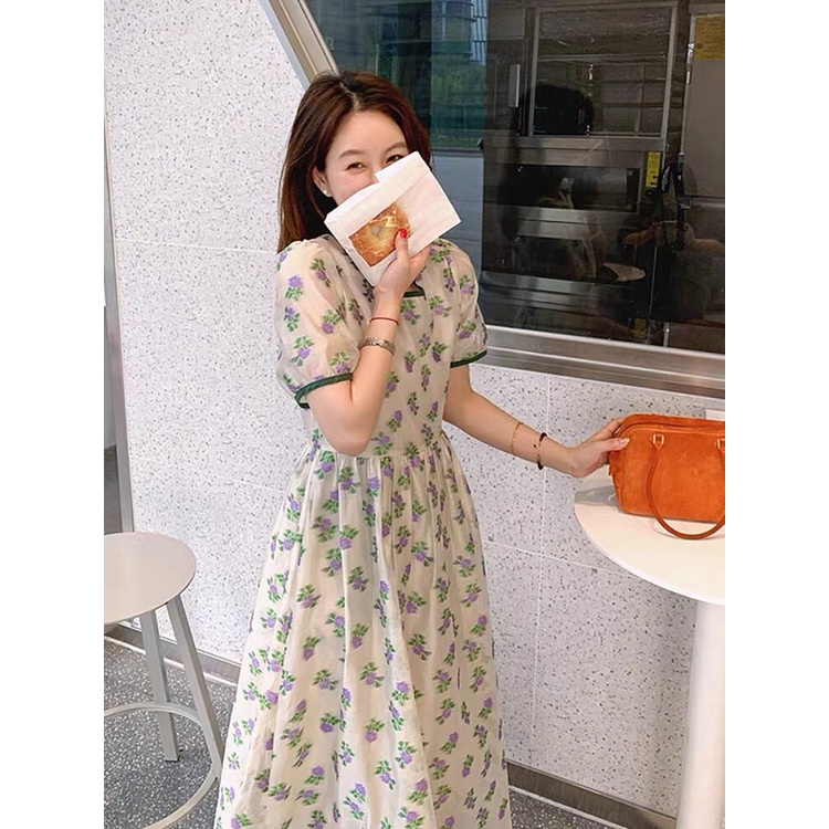 Đầm midi SUXI dáng chữ A tay ngắn in hoa thời trang mùa hè xinh xắn cho nữ