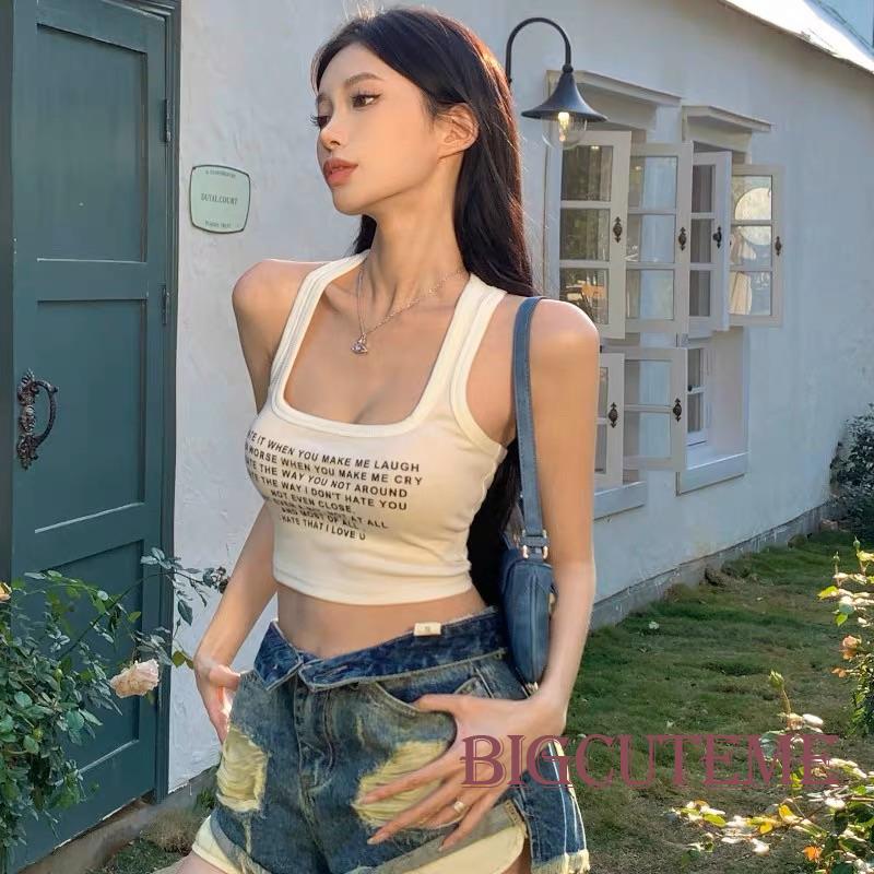 Áo Tank Top Sát Nách Mùa Hè Màu Trắng In Họa Tiết Chữ Cho Nữ