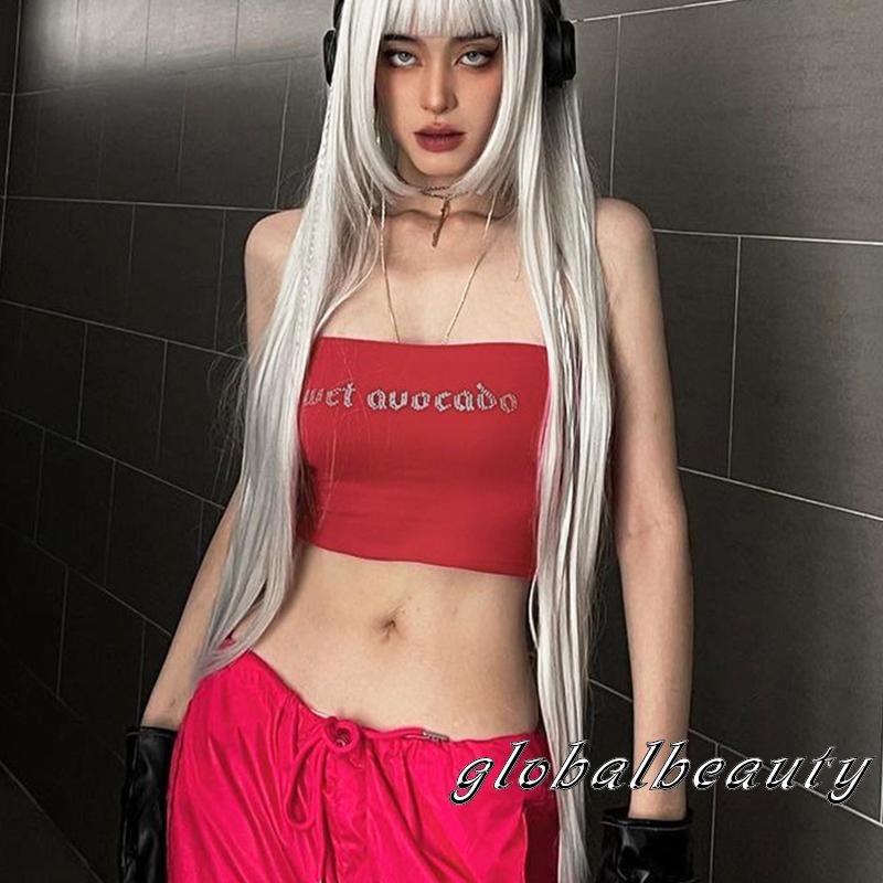 Áo Croptop Trễ Vai Không Dây Co Giãn Đính Đá In Chữ Phong Cách Đường Phố Thời Trang Mùa Hè Cho Nữ
