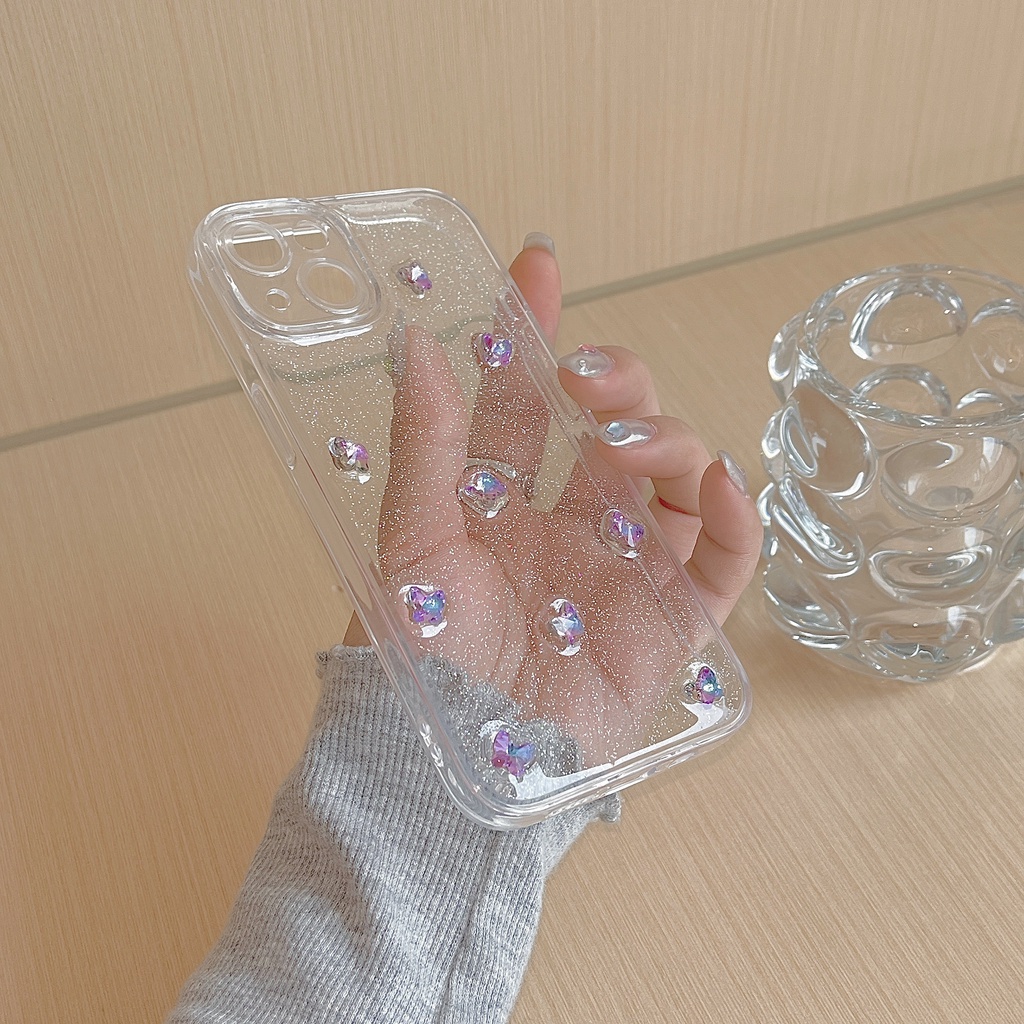 Ốp Điện Thoại TPU Silicon Mềm Trong Suốt Chống Sốc Phối Kim Tuyến Hình Bướm 3D Cho iPhone 14 Pro Max 13 12 11