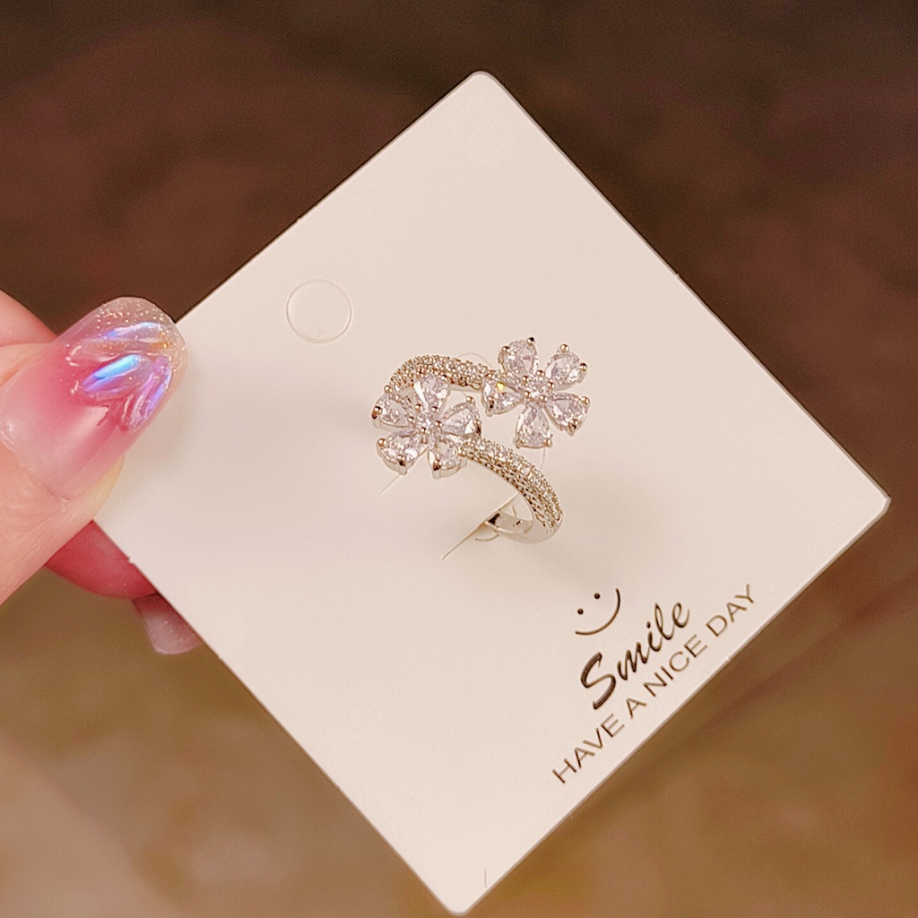 Nhẫn Hở Đính Đá Zircon Hình Hoa Và Giọt Nước Thời Trang
