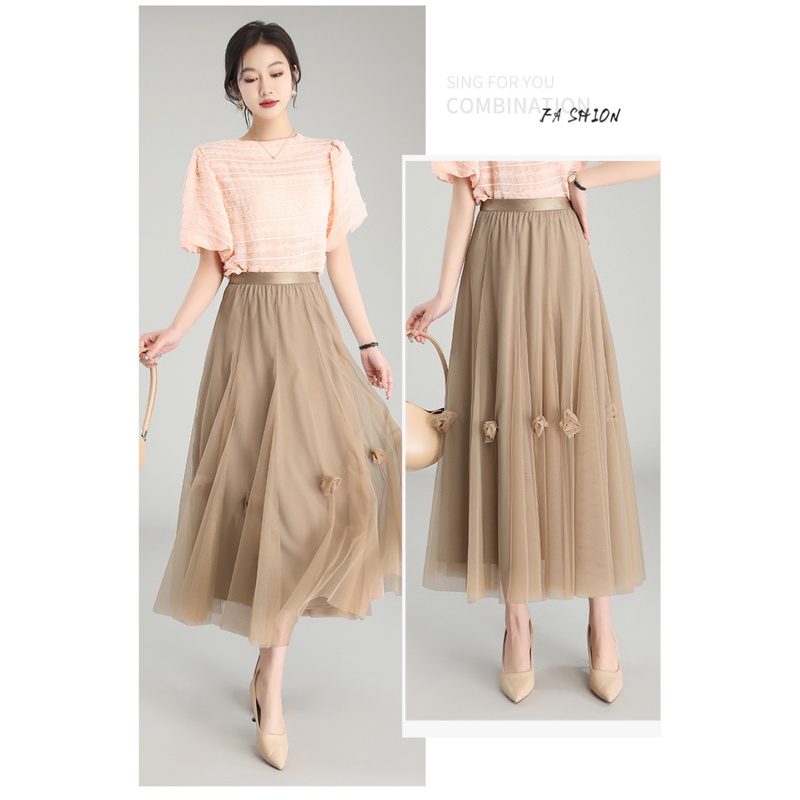 Chân Váy Xòe Chữ A Lưng Cao Co Giãn Thêu Hoa 5 Màu Thời Trang Cho Nữ