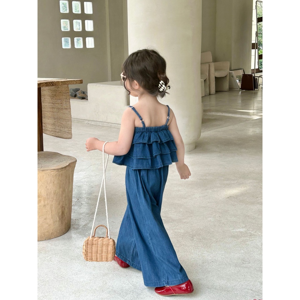 Bộ Áo Hai Dây + Quần Denim Ống Rộng Thời Trang Mùa Hè Hàn Quốc 2023 Cho Bé Gái