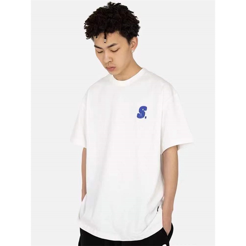 Sta &amp; Phantom Áo Thun Cotton Tay Ngắn Dáng Rộng Cổ Tròn In Chữ Xù Phong Cách Đường Phố Cao Cấp Cho Nam Và Nữ