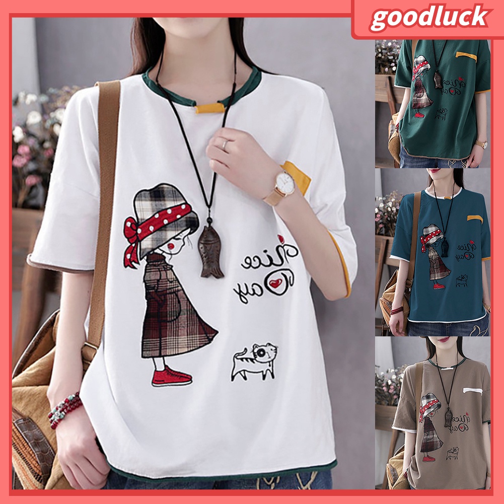 Áo Thun Cotton Tay Ngắn Cổ Tròn In Hình Mèo Hoạt Hình Dành Cho Nữ
