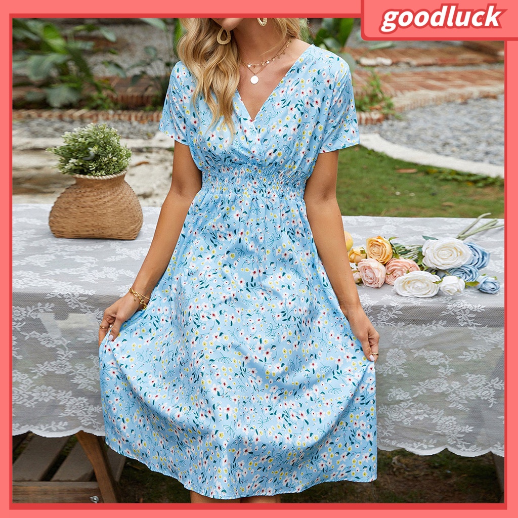 [ULK] Đầm Midi Tay Ngắn Cổ Chữ V Eo Co Giãn In Hoa Ngọt Ngào Mùa Hè Cho Nữ