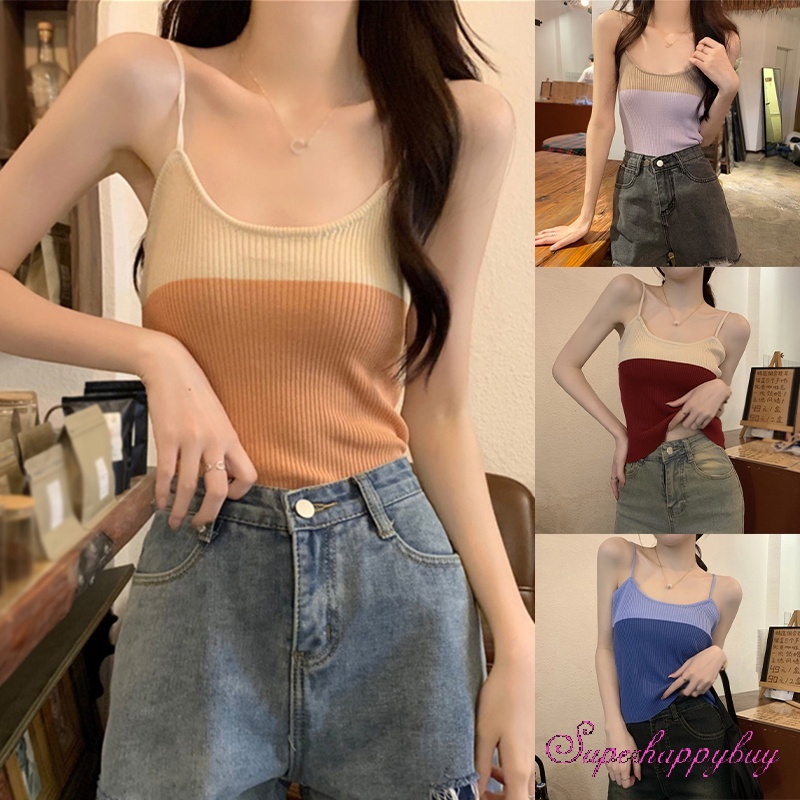 Áo Tank Top Dệt Kim Sát Nách Màu Tương Phản Thời Trang Mùa Hè Cho Nữ