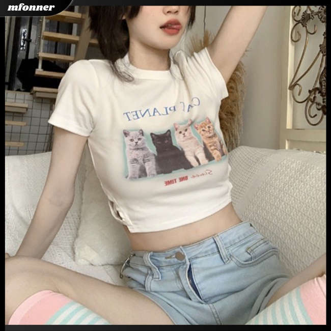 Áo Thun Croptop Tay Ngắn Cổ Tròn In Hình Mèo Dễ Thương Thời Trang Mùa Hè Cho Nữ