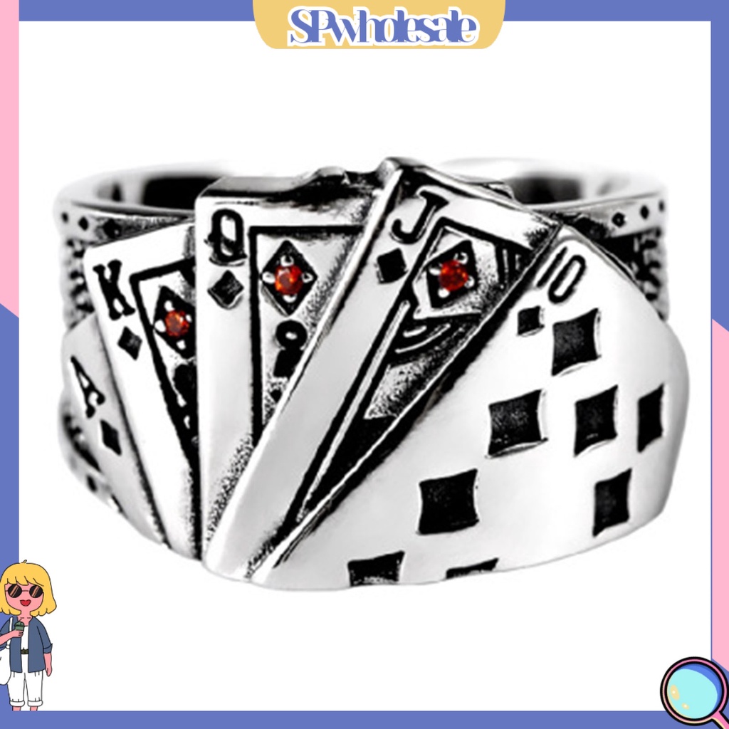 <SPwholesale> Nhẫn Hở Mạ Bạc Khắc Hình Lá Bài Poker Có Thể Điều Chỉnh Kích Cỡ
