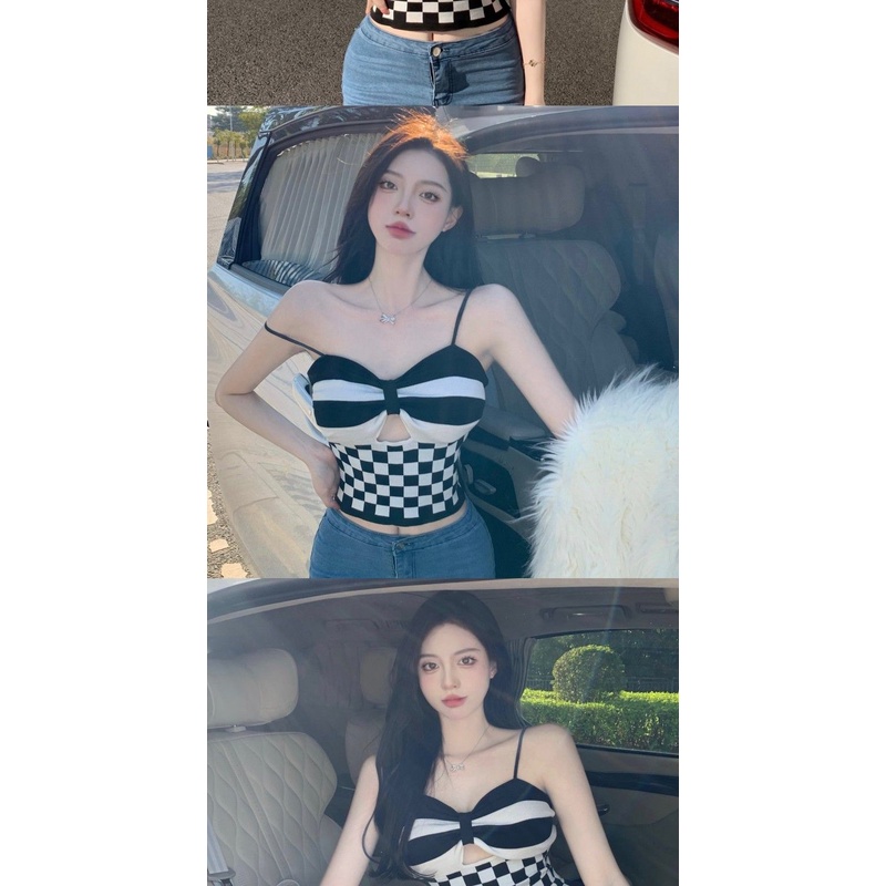 Áo Hai Dây Dệt Kim Họa Tiết Sọc Caro Phong Cách Hàn Quốc