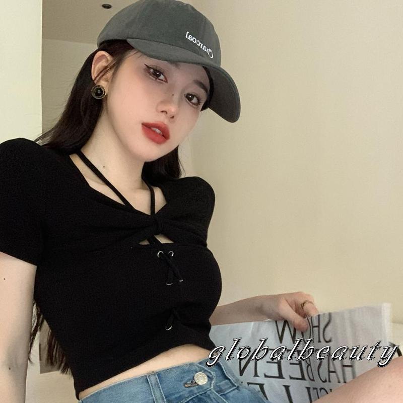 Áo Thun Crop Top Ngắn Tay Thắt Nơ Trước Màu Trơn Thời Trang Mùa Hè Dành Cho Nữ