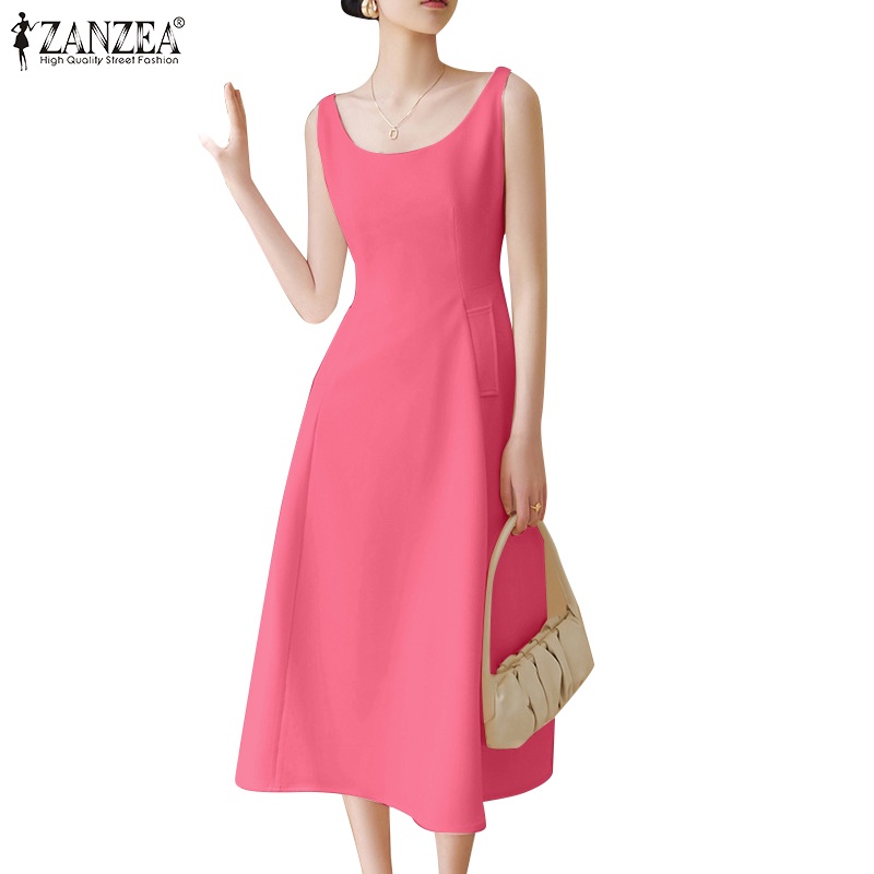 Đầm midi ZANZEA dáng dài không tay cổ tròn thanh lịch cho nữ