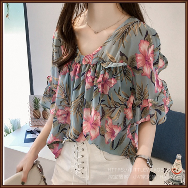 Áo Sơ Mi Chiffon Tay Loe Cổ Chữ V Dáng Rộng In Họa Tiết Thời Trang Cho Nữ