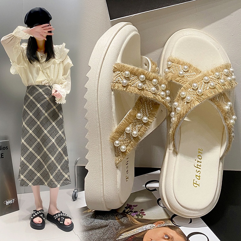 Xiaoxiang Giày Sandal Đế Dày Quai Chéo Đính Ngọc Trai Thời Trang Mùa Hè 2023 Phong Cách Mới Cho Nữ