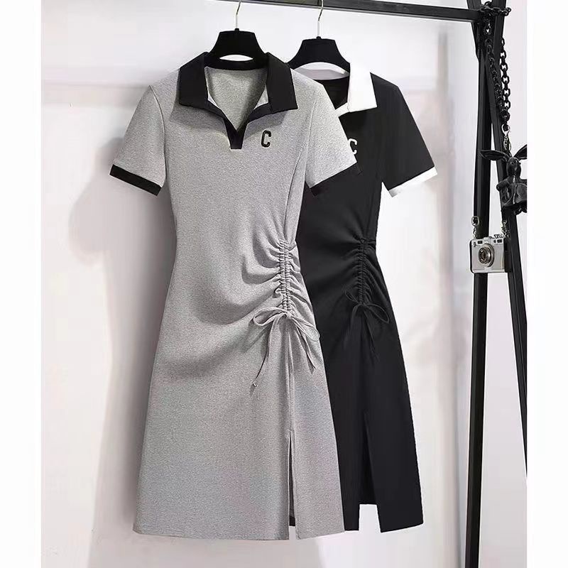 Đầm Đen Cổ polo Dáng Ôm Cỡ Lớn Phối Dây Rút Thời Trang Mùa Hè 2023 Cho Nữ